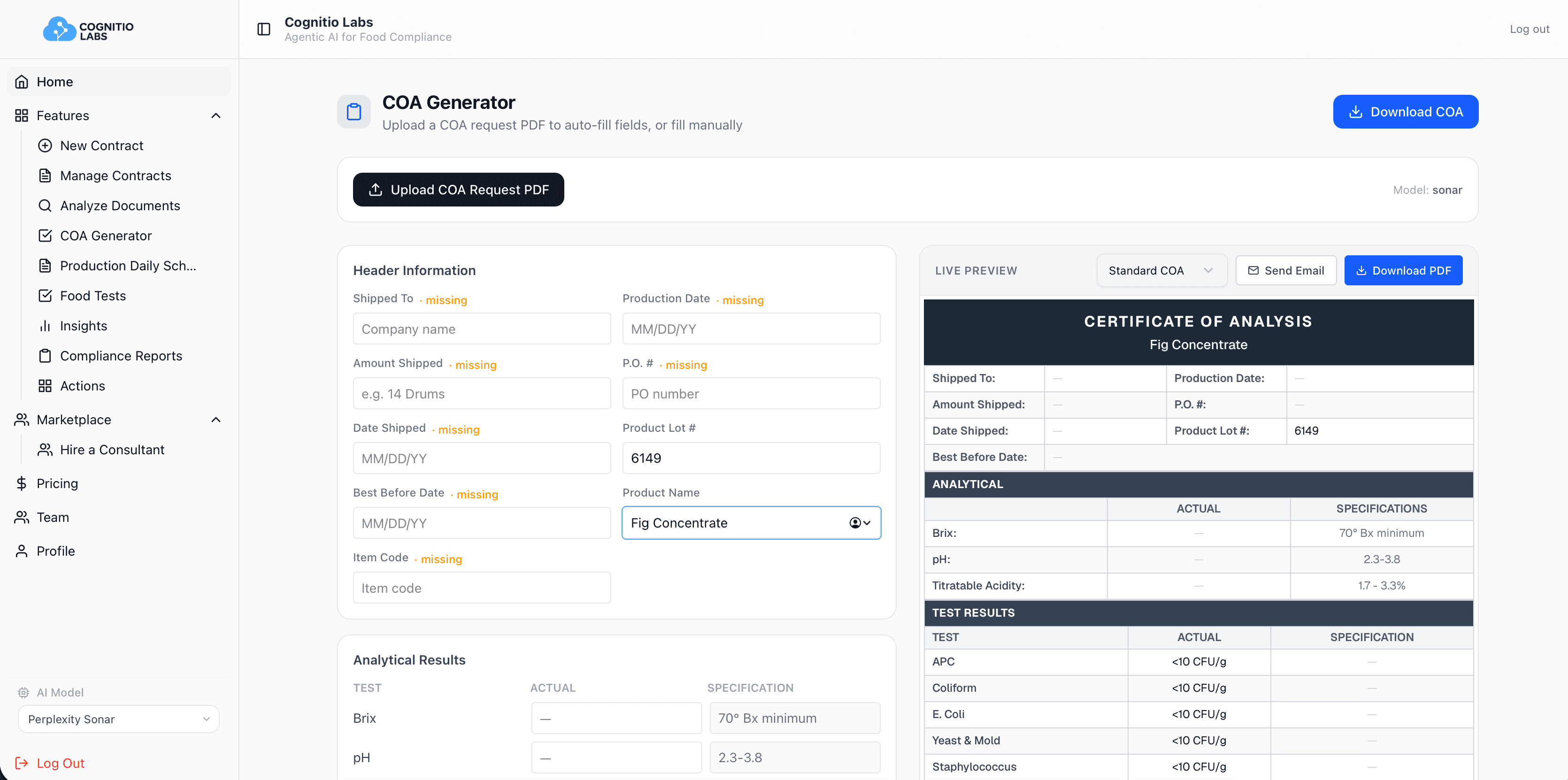 Coasync by Cognitio Labs COA Generator - AI-powered Certificate of Analysis generation
